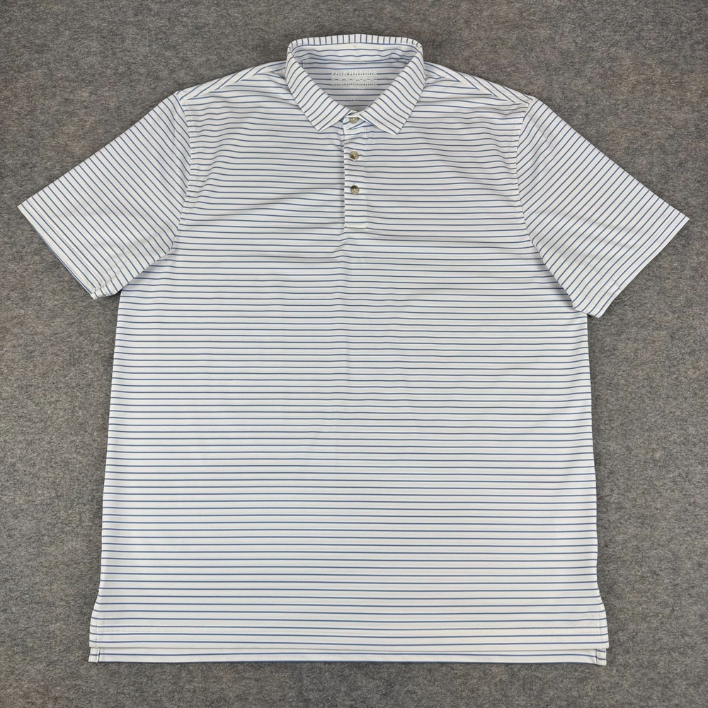 Fair Harbor Compass Polo Shirt Polyester Stretch Light Blue Stripe Mens Large L